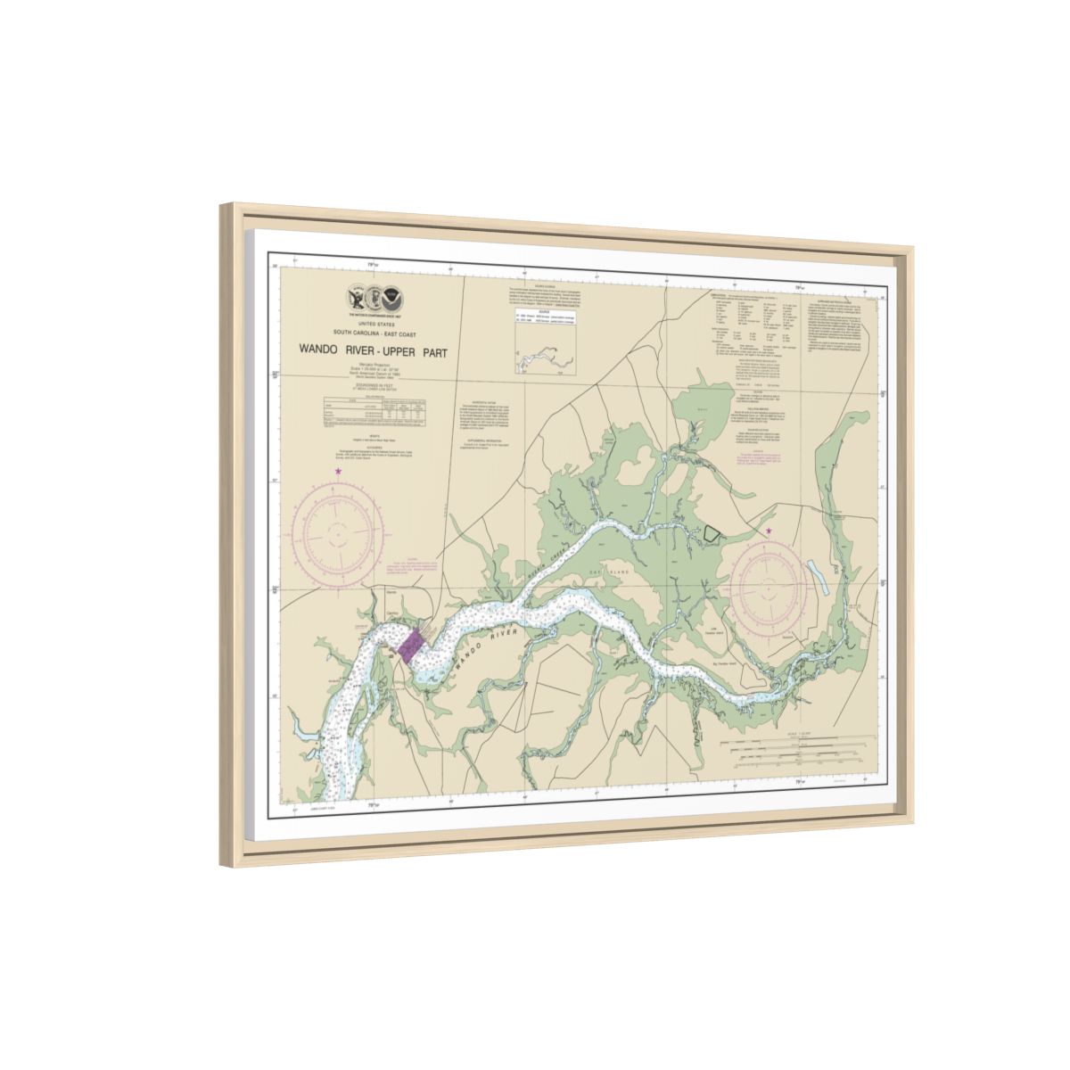 Chart 11526 Wando River Upper Part - NOAA Nautical Chart Floating Frame Canvas | 32" x 24" | 40" x 30" - Natural side