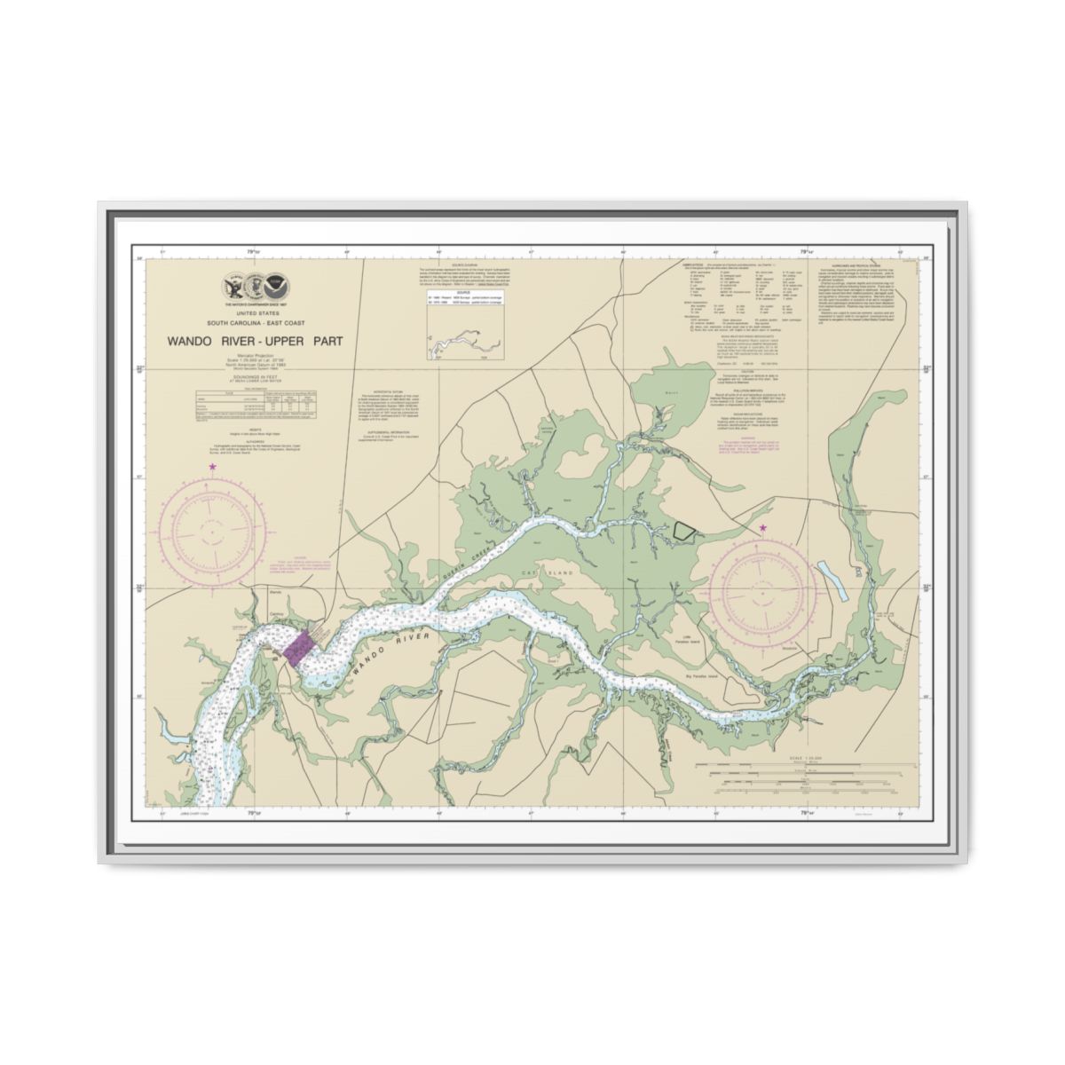 Chart 11526 Wando River Upper Part - NOAA Nautical Chart Floating Frame Canvas | 32" x 24" | 40" x 30" - White front