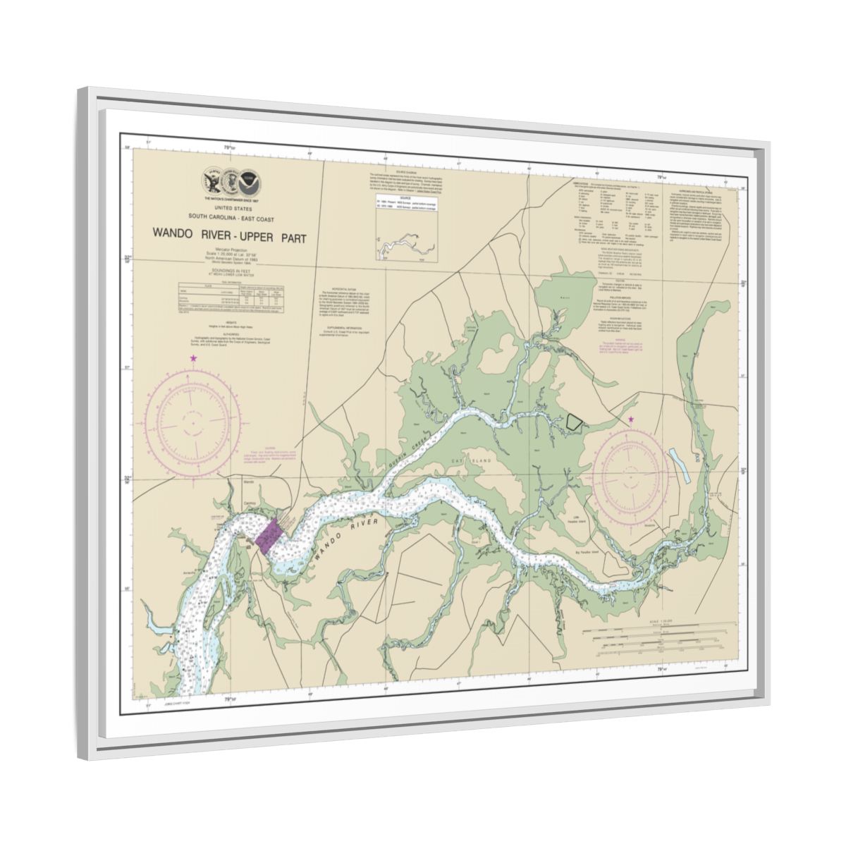 Chart 11526 Wando River Upper Part - NOAA Nautical Chart Floating Frame Canvas | 32" x 24" | 40" x 30" - White side