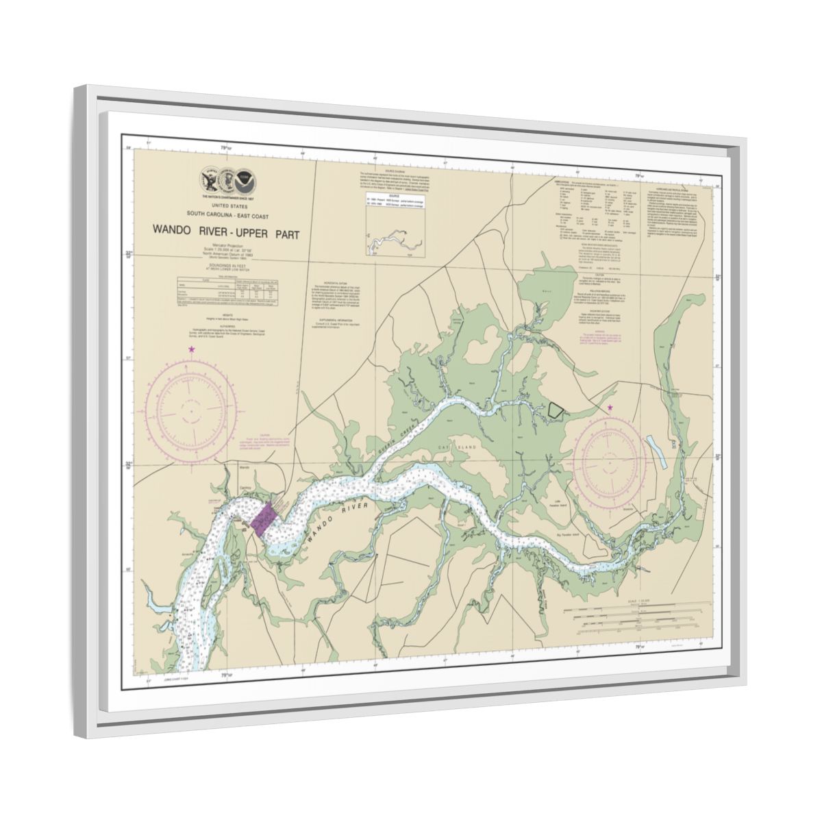 Chart 11526 Wando River Upper Part - NOAA Nautical Chart Floating Frame Canvas | 32" x 24" | 40" x 30" - White side