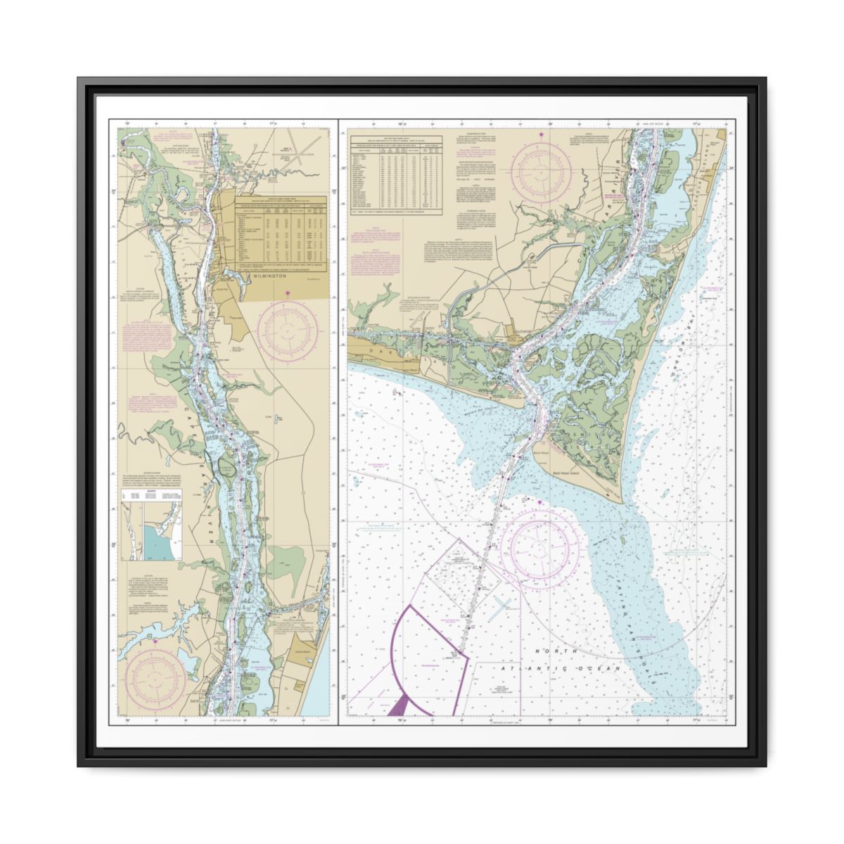 Chart 11537 Cape Fear River Cape Fear to Wilmington - NOAA Nautical Chart Floating Frame Canvas | 32" x 32" - Black front