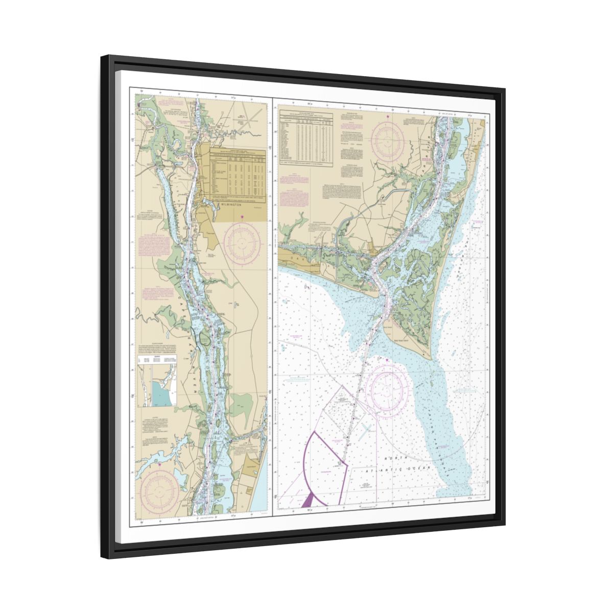 Chart 11537 Cape Fear River Cape Fear to Wilmington - NOAA Nautical Chart Floating Frame Canvas | 32" x 32" - Black side