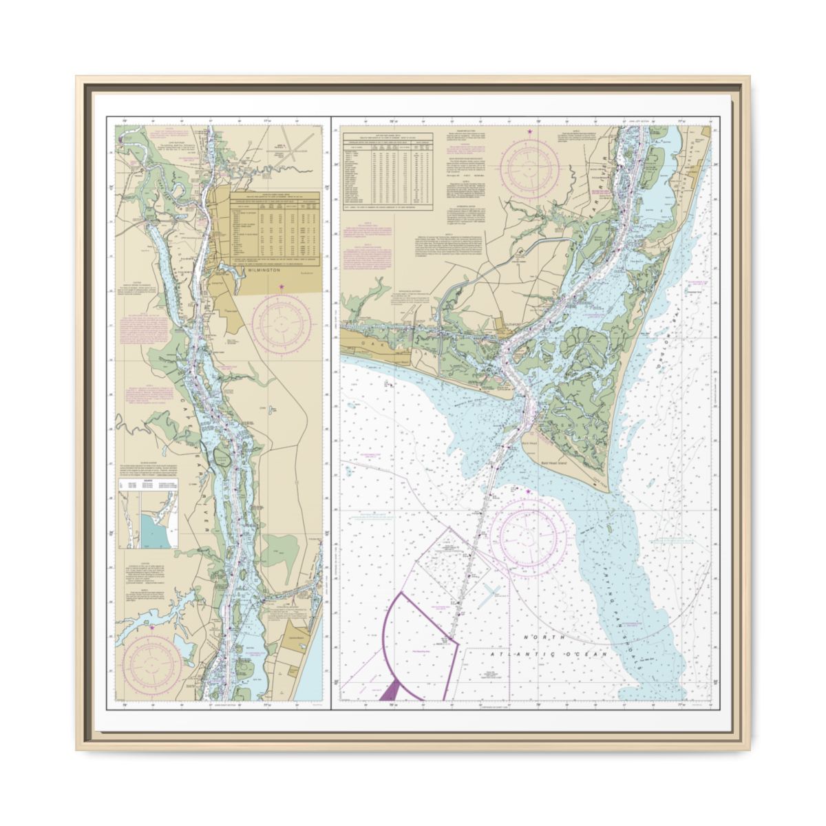 Chart 11537 Cape Fear River Cape Fear to Wilmington - NOAA Nautical Chart Floating Frame Canvas | 32" x 32" - Natural front