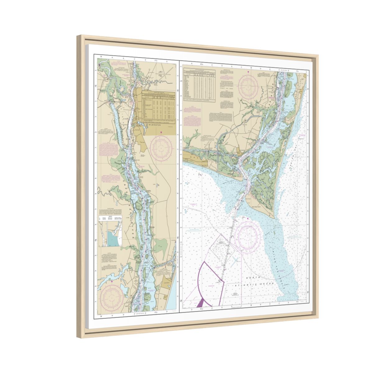 Chart 11537 Cape Fear River Cape Fear to Wilmington - NOAA Nautical Chart Floating Frame Canvas | 32" x 32" - Natural side