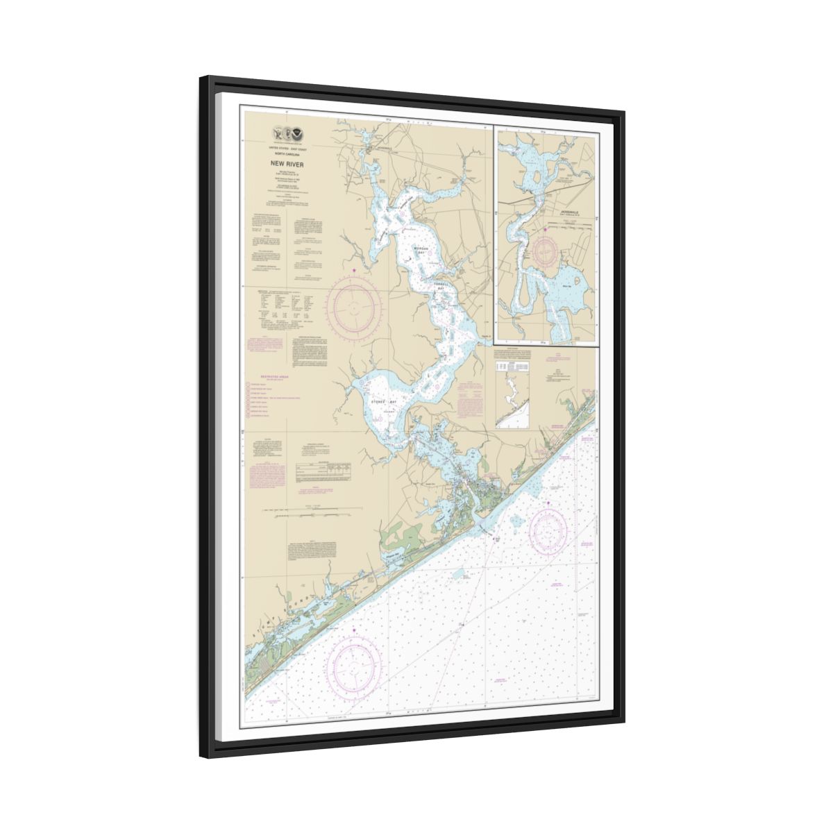 Chart 11542 New River;Jacksonville - NOAA Nautical Chart Floating Frame Canvas | 24" x 32" | 30" x 40" - Black side