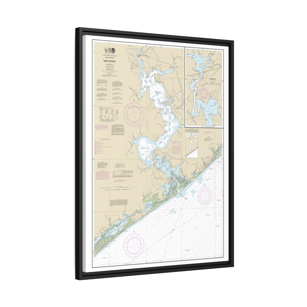 Chart 11542 New River;Jacksonville - NOAA Nautical Chart Floating Frame Canvas | 24" x 32" | 30" x 40" - Black side