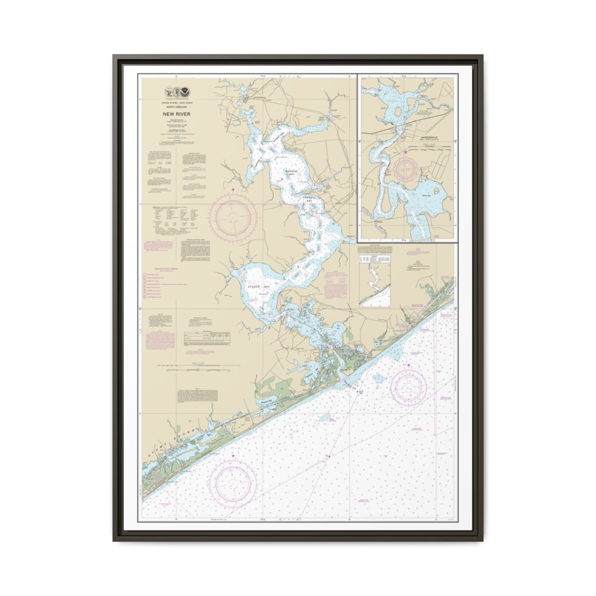 Chart 11542 New River;Jacksonville - NOAA Nautical Chart Floating Frame Canvas | 24" x 32" | 30" x 40" - Espresso front