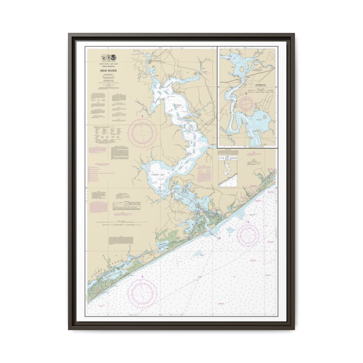 Chart 11542 New River;Jacksonville - NOAA Nautical Chart Floating Frame Canvas | 24" x 32" | 30" x 40" - Espresso front