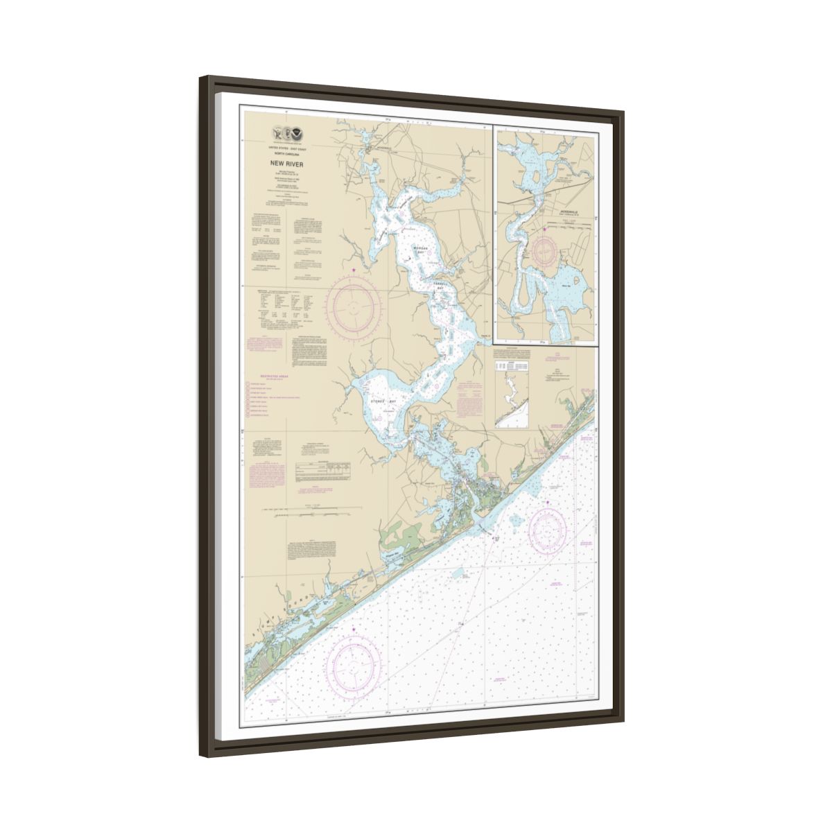 Chart 11542 New River;Jacksonville - NOAA Nautical Chart Floating Frame Canvas | 24" x 32" | 30" x 40" - Espresso side