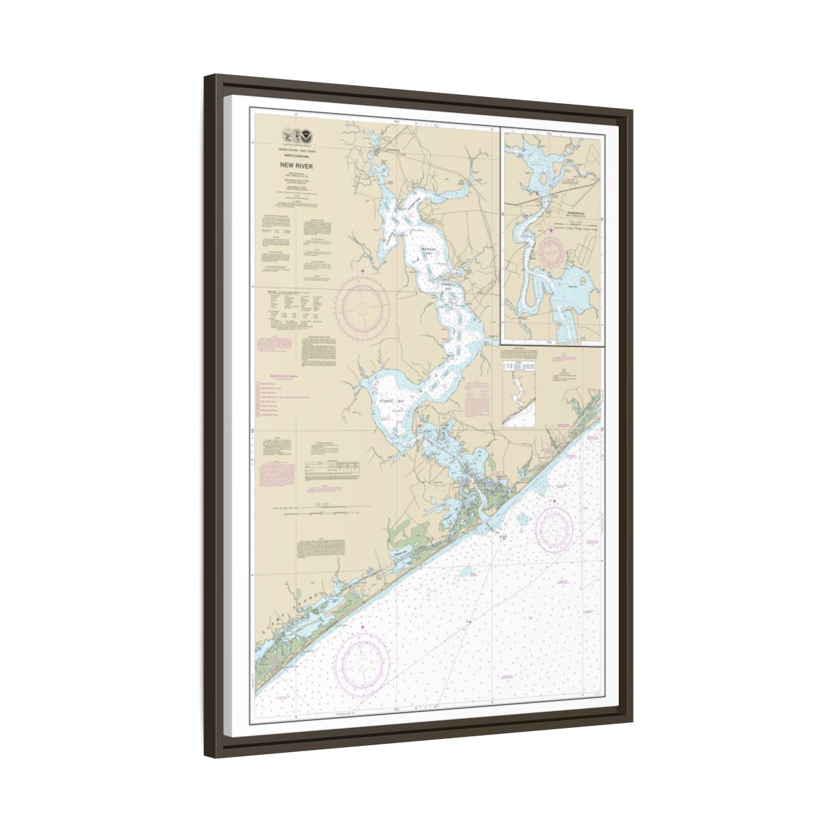 Chart 11542 New River;Jacksonville - NOAA Nautical Chart Floating Frame Canvas | 24" x 32" | 30" x 40" - Espresso side