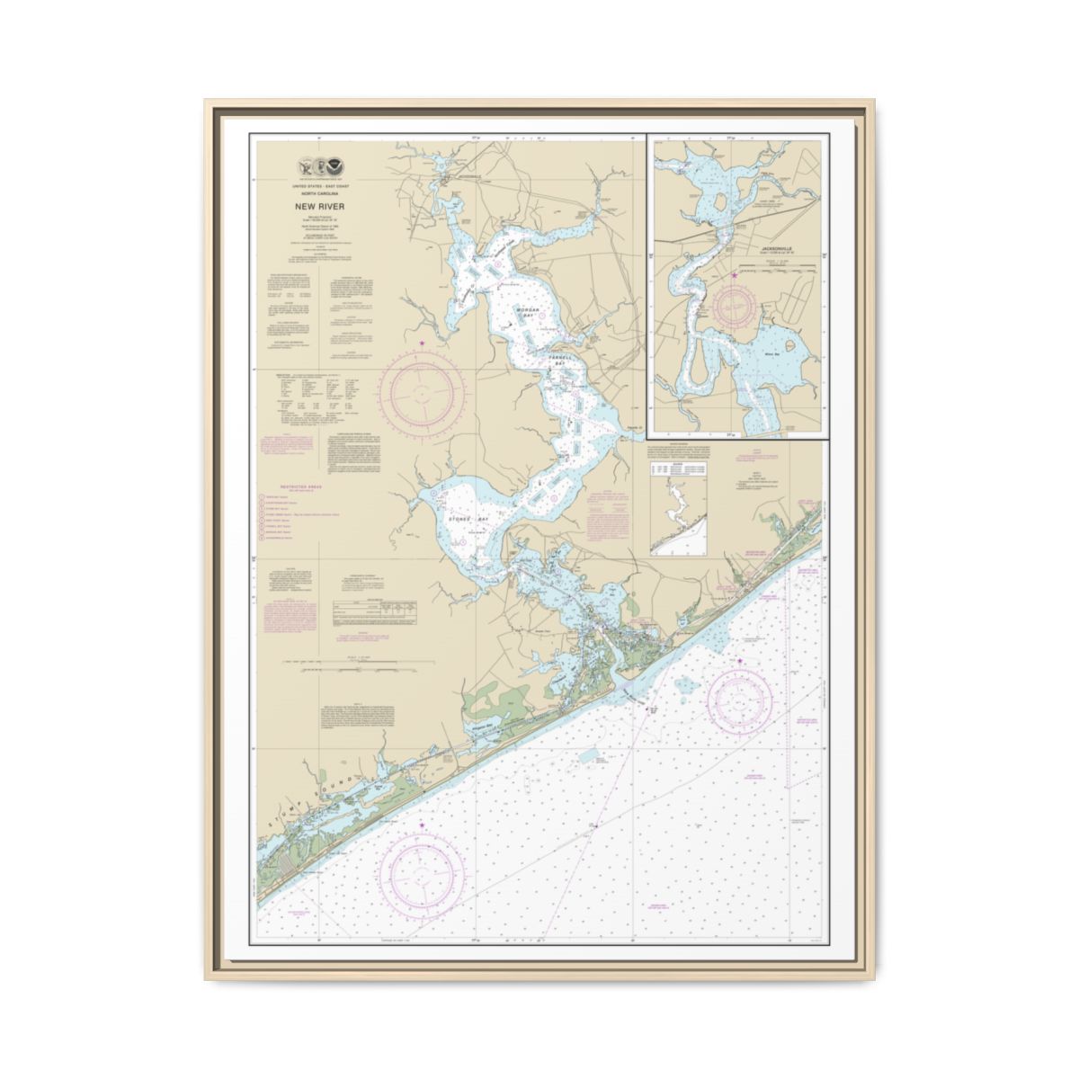 Chart 11542 New River;Jacksonville - NOAA Nautical Chart Floating Frame Canvas | 24" x 32" | 30" x 40" - Natural front