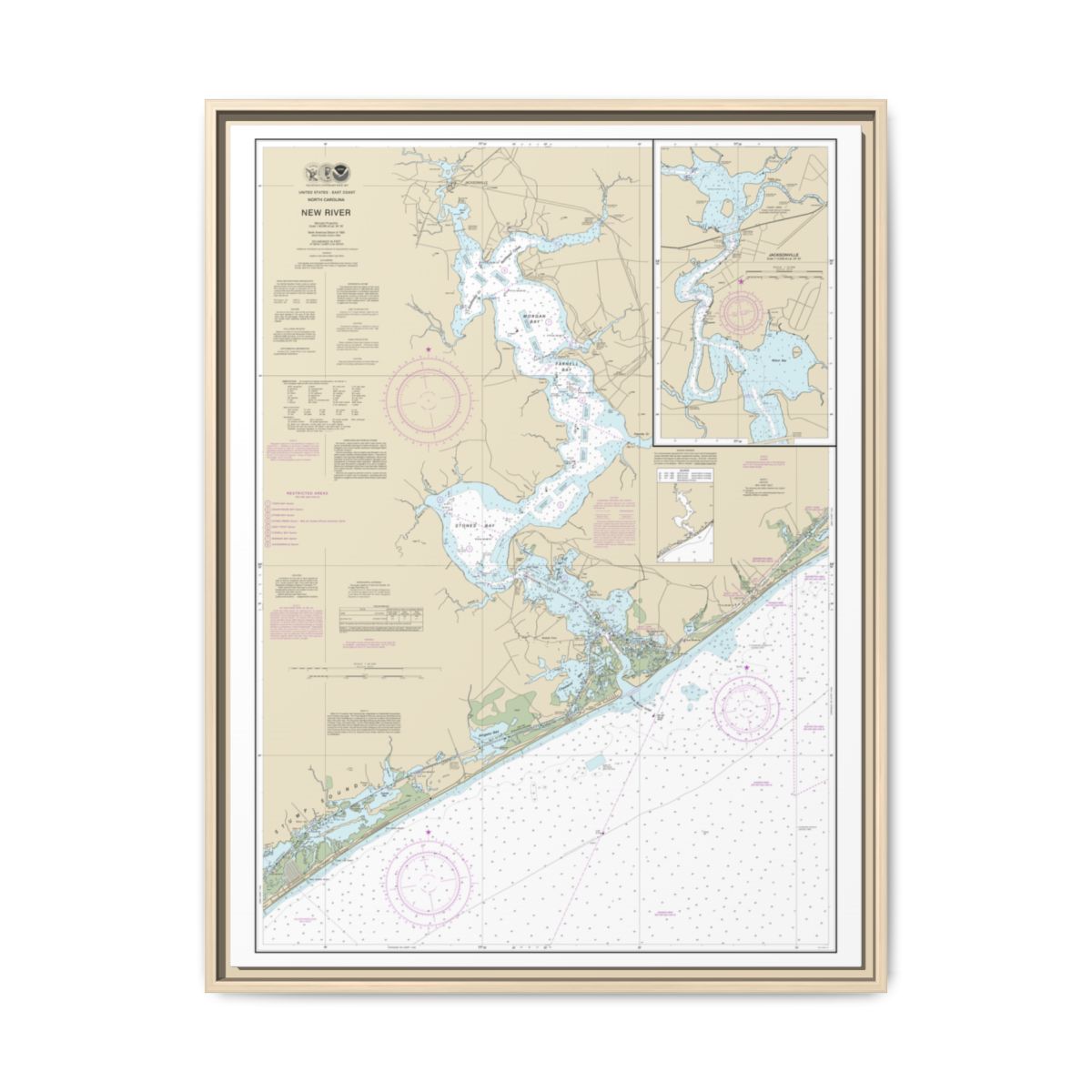 Chart 11542 New River;Jacksonville - NOAA Nautical Chart Floating Frame Canvas | 24" x 32" | 30" x 40" - Natural front