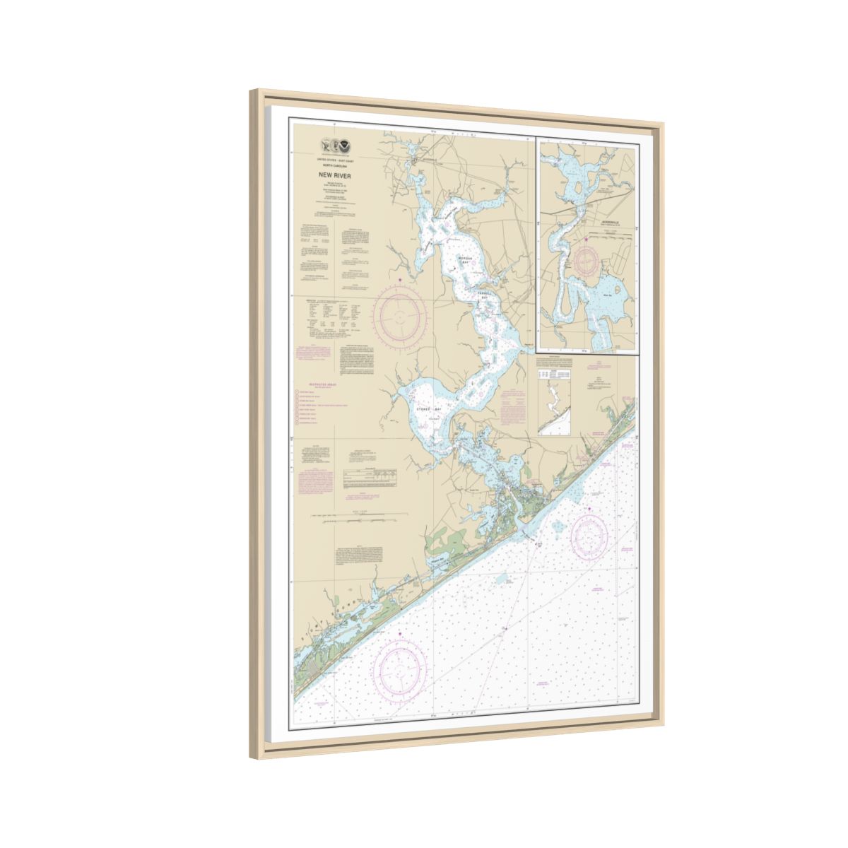 Chart 11542 New River;Jacksonville - NOAA Nautical Chart Floating Frame Canvas | 24" x 32" | 30" x 40" - Natural side