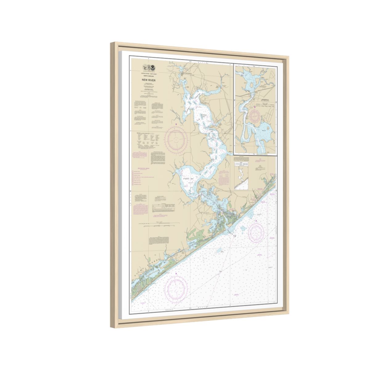Chart 11542 New River;Jacksonville - NOAA Nautical Chart Floating Frame Canvas | 24" x 32" | 30" x 40" - Natural side