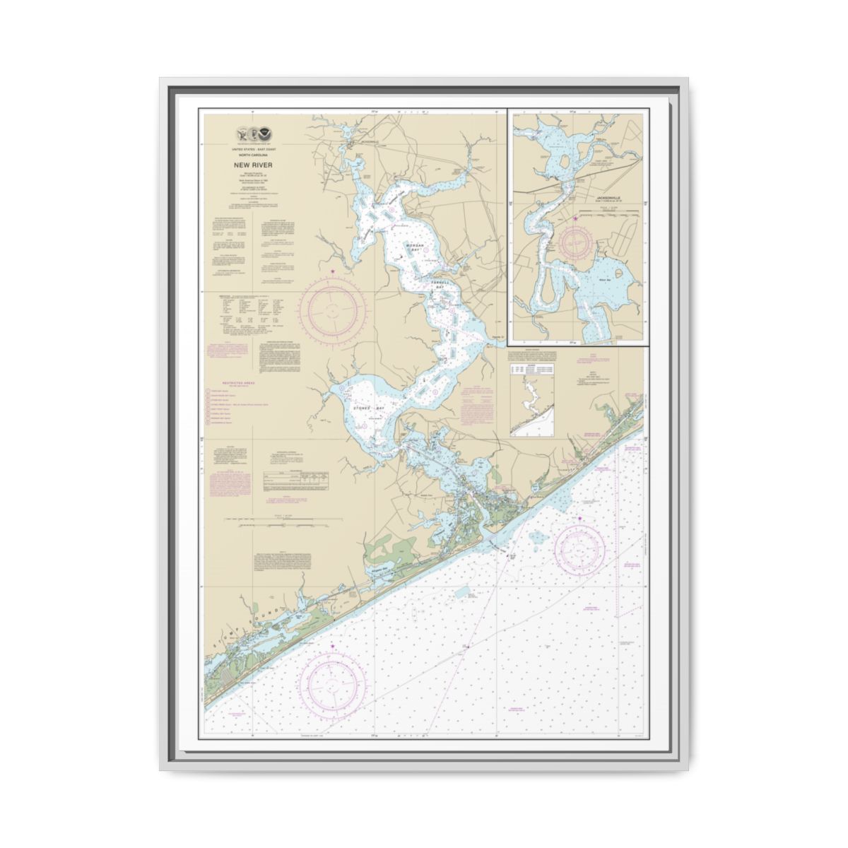 Chart 11542 New River;Jacksonville - NOAA Nautical Chart Floating Frame Canvas | 24" x 32" | 30" x 40" - White front