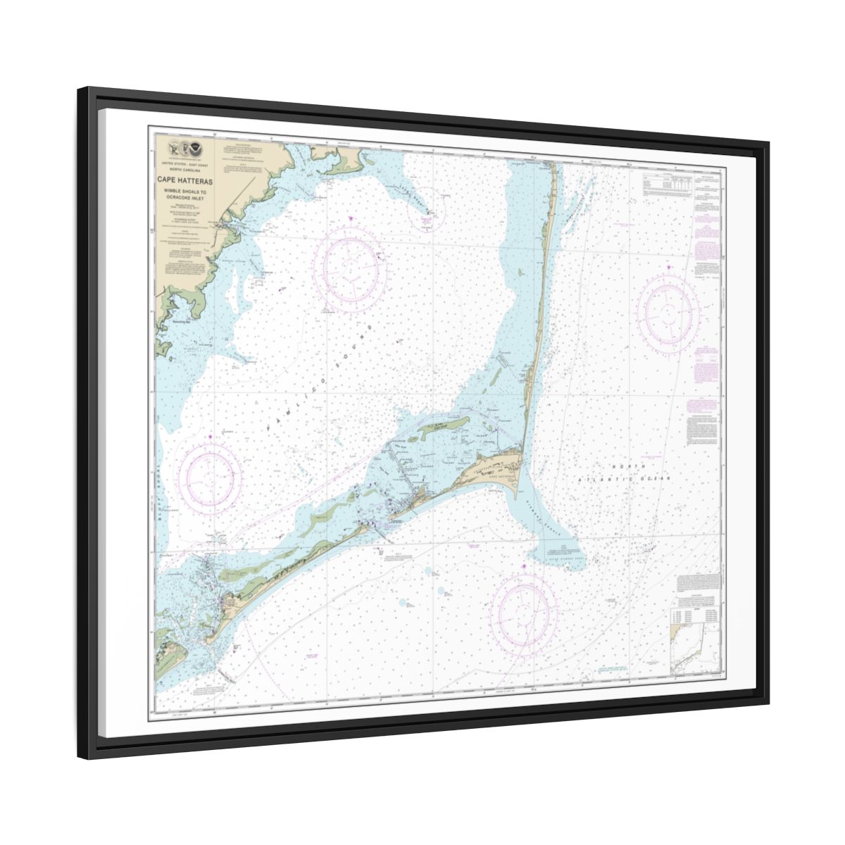 Chart 11555 Cape Hatteras-Wimble Shoals to Ocracoke Inlet - NOAA Nautical Chart Floating Frame Canvas | 32" x 24" | 40" x 30" - Black side