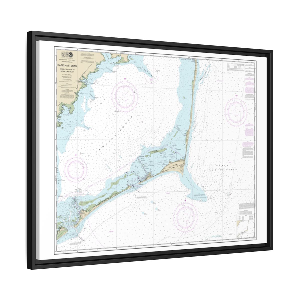 Chart 11555 Cape Hatteras-Wimble Shoals to Ocracoke Inlet - NOAA Nautical Chart Floating Frame Canvas | 32" x 24" | 40" x 30" - Black side