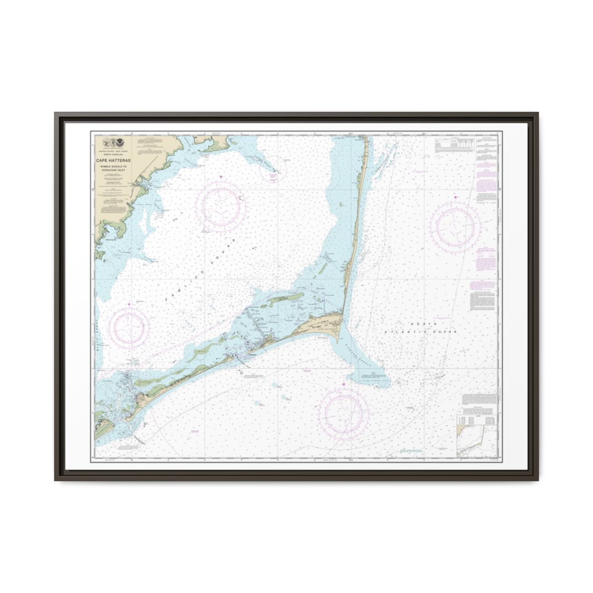 Chart 11555 Cape Hatteras-Wimble Shoals to Ocracoke Inlet - NOAA Nautical Chart Floating Frame Canvas | 32" x 24" | 40" x 30" - Espresso front