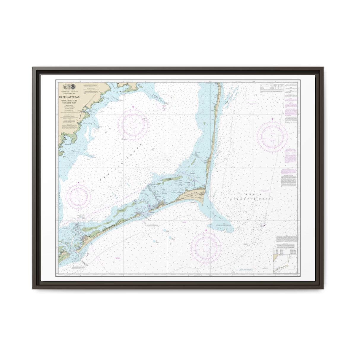 Chart 11555 Cape Hatteras-Wimble Shoals to Ocracoke Inlet - NOAA Nautical Chart Floating Frame Canvas | 32" x 24" | 40" x 30" - Espresso front