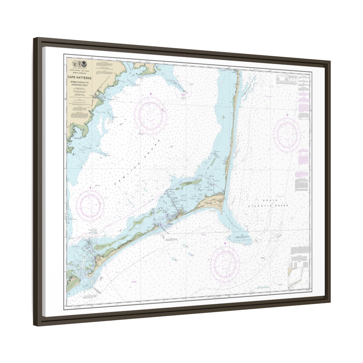 Chart 11555 Cape Hatteras-Wimble Shoals to Ocracoke Inlet - NOAA Nautical Chart Floating Frame Canvas | 32" x 24" | 40" x 30" - Espresso side