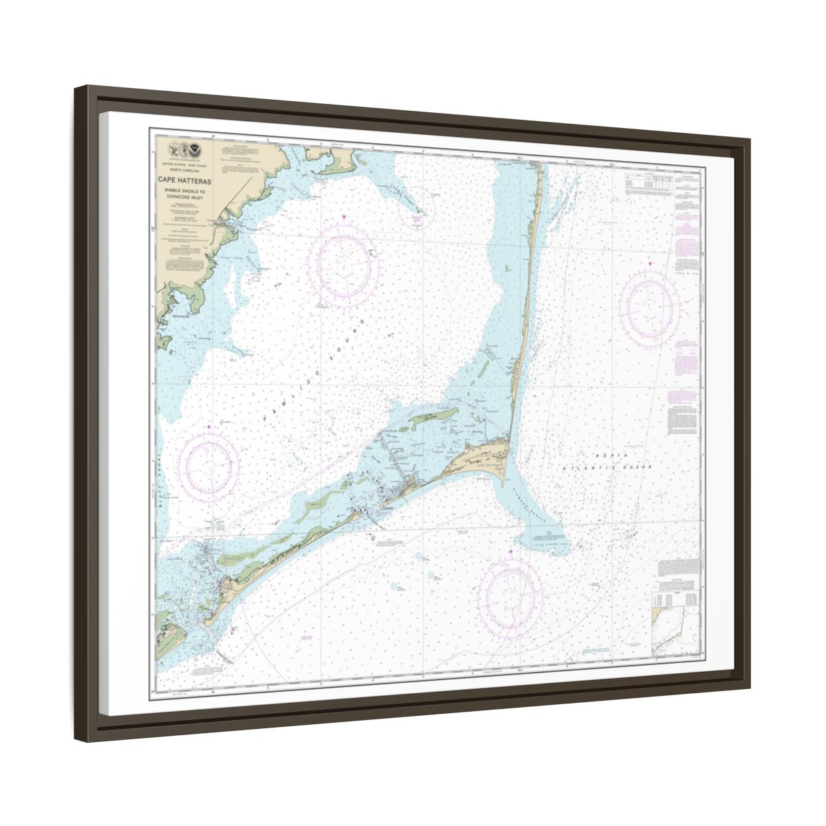 Chart 11555 Cape Hatteras-Wimble Shoals to Ocracoke Inlet - NOAA Nautical Chart Floating Frame Canvas | 32" x 24" | 40" x 30" - Espresso side