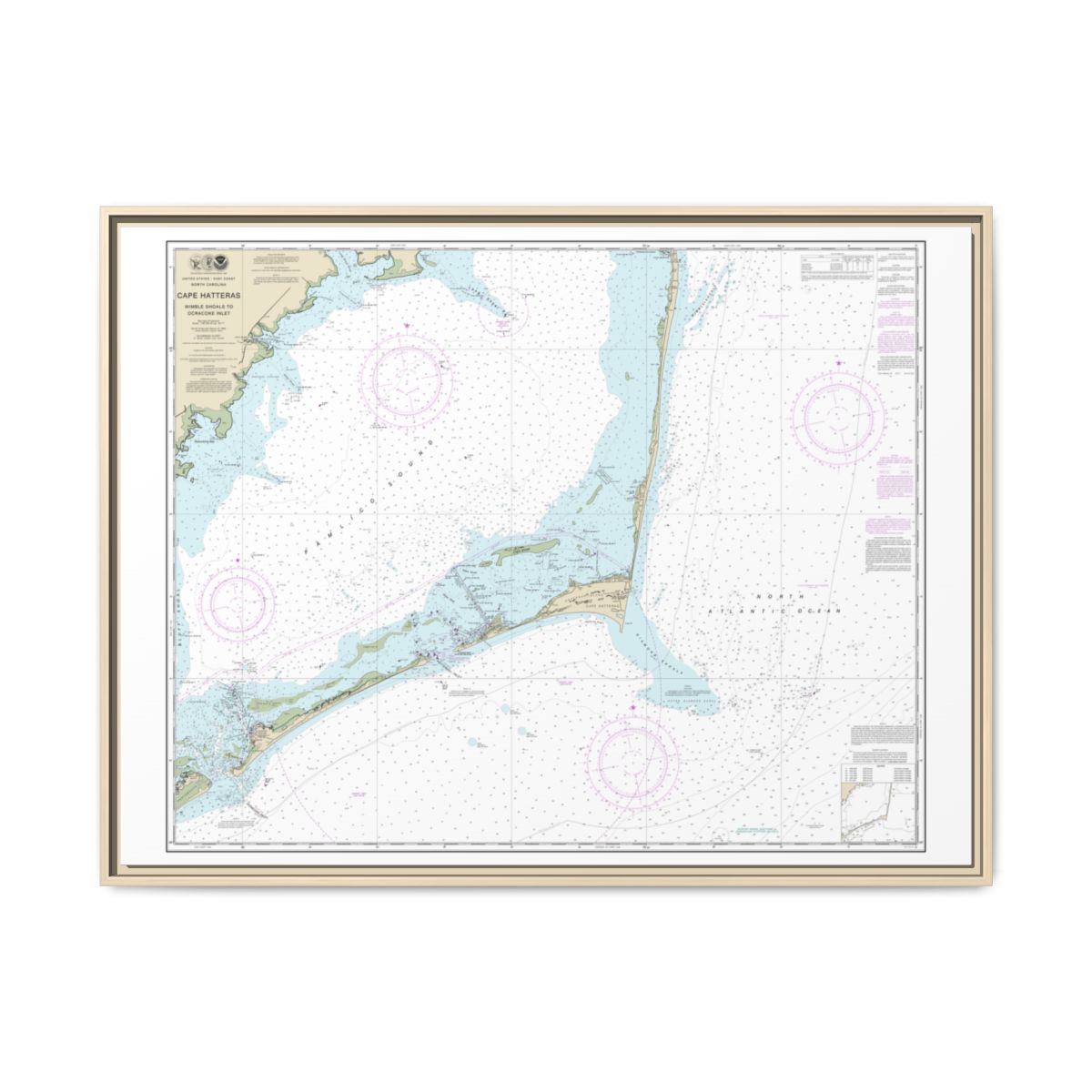 Chart 11555 Cape Hatteras-Wimble Shoals to Ocracoke Inlet - NOAA Nautical Chart Floating Frame Canvas | 32" x 24" | 40" x 30" - Natural front
