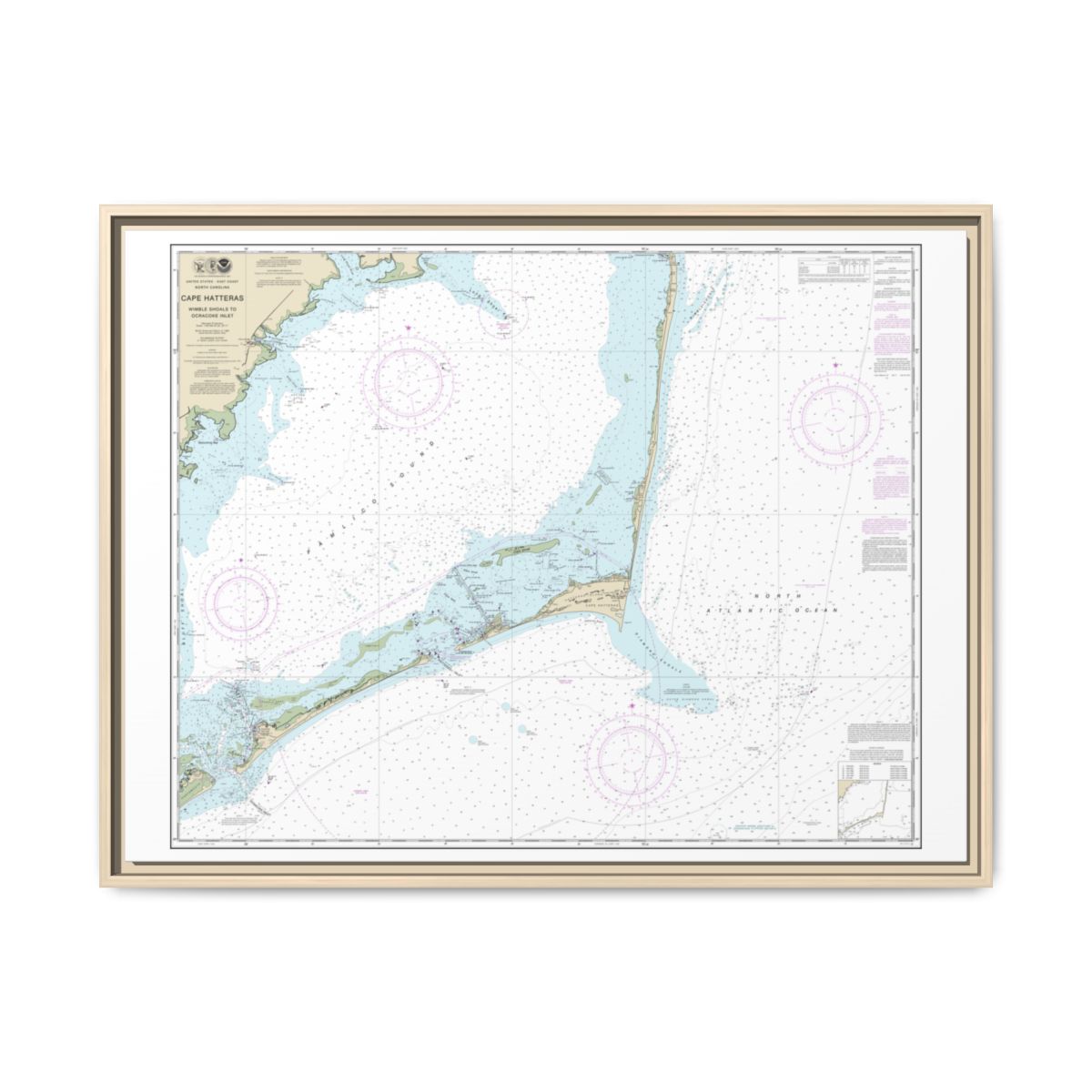 Chart 11555 Cape Hatteras-Wimble Shoals to Ocracoke Inlet - NOAA Nautical Chart Floating Frame Canvas | 32" x 24" | 40" x 30" - Natural front