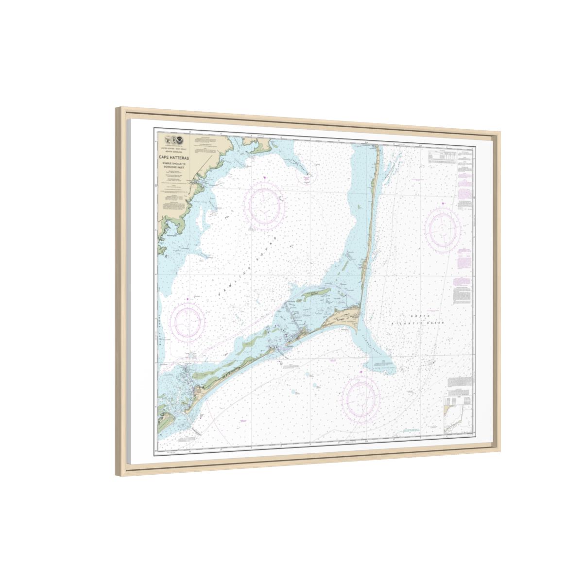 Chart 11555 Cape Hatteras-Wimble Shoals to Ocracoke Inlet - NOAA Nautical Chart Floating Frame Canvas | 32" x 24" | 40" x 30" - Natural side