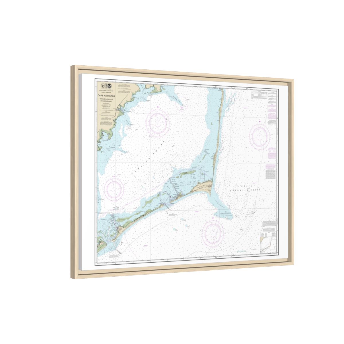 Chart 11555 Cape Hatteras-Wimble Shoals to Ocracoke Inlet - NOAA Nautical Chart Floating Frame Canvas | 32" x 24" | 40" x 30" - Natural side