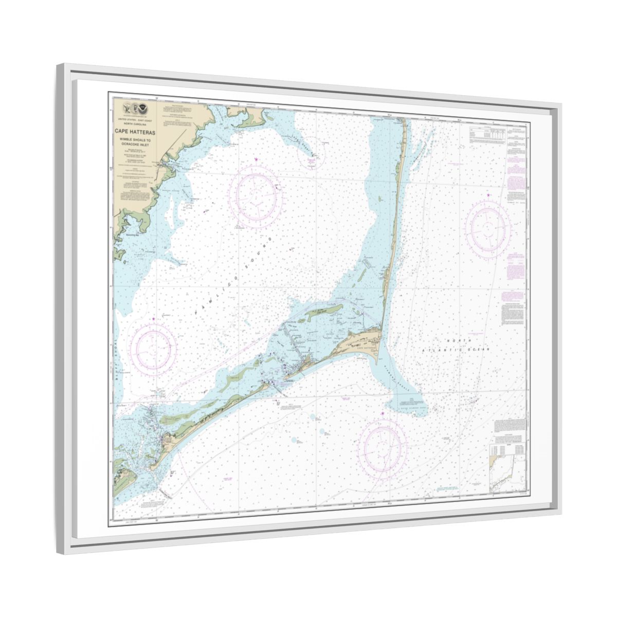 Chart 11555 Cape Hatteras-Wimble Shoals to Ocracoke Inlet - NOAA Nautical Chart Floating Frame Canvas | 32" x 24" | 40" x 30" - White side