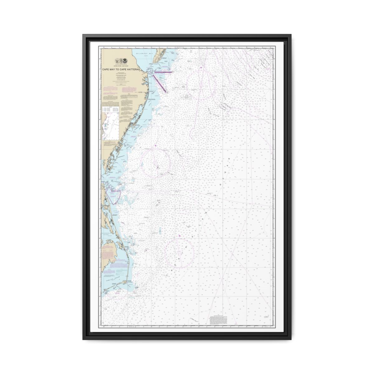 Chart 12200 Cape May to Cape Hatteras - NOAA Nautical Chart Floating Frame Canvas | 20" x 30" | 24" x 36" | 32" x 48" - Black front