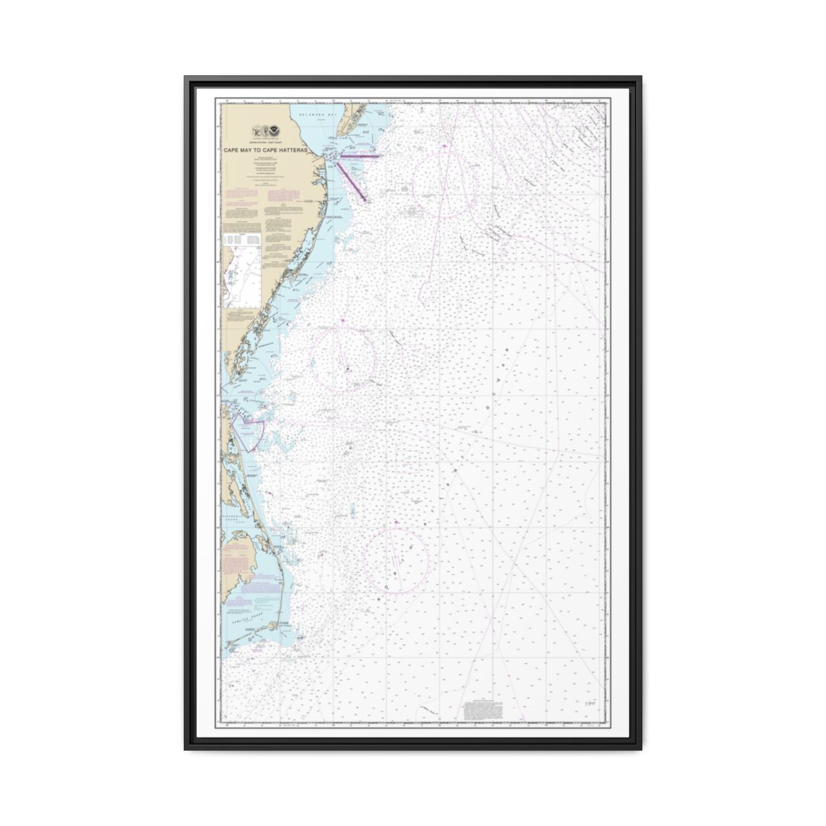 Chart 12200 Cape May to Cape Hatteras - NOAA Nautical Chart Floating Frame Canvas | 20" x 30" | 24" x 36" | 32" x 48" - Black front