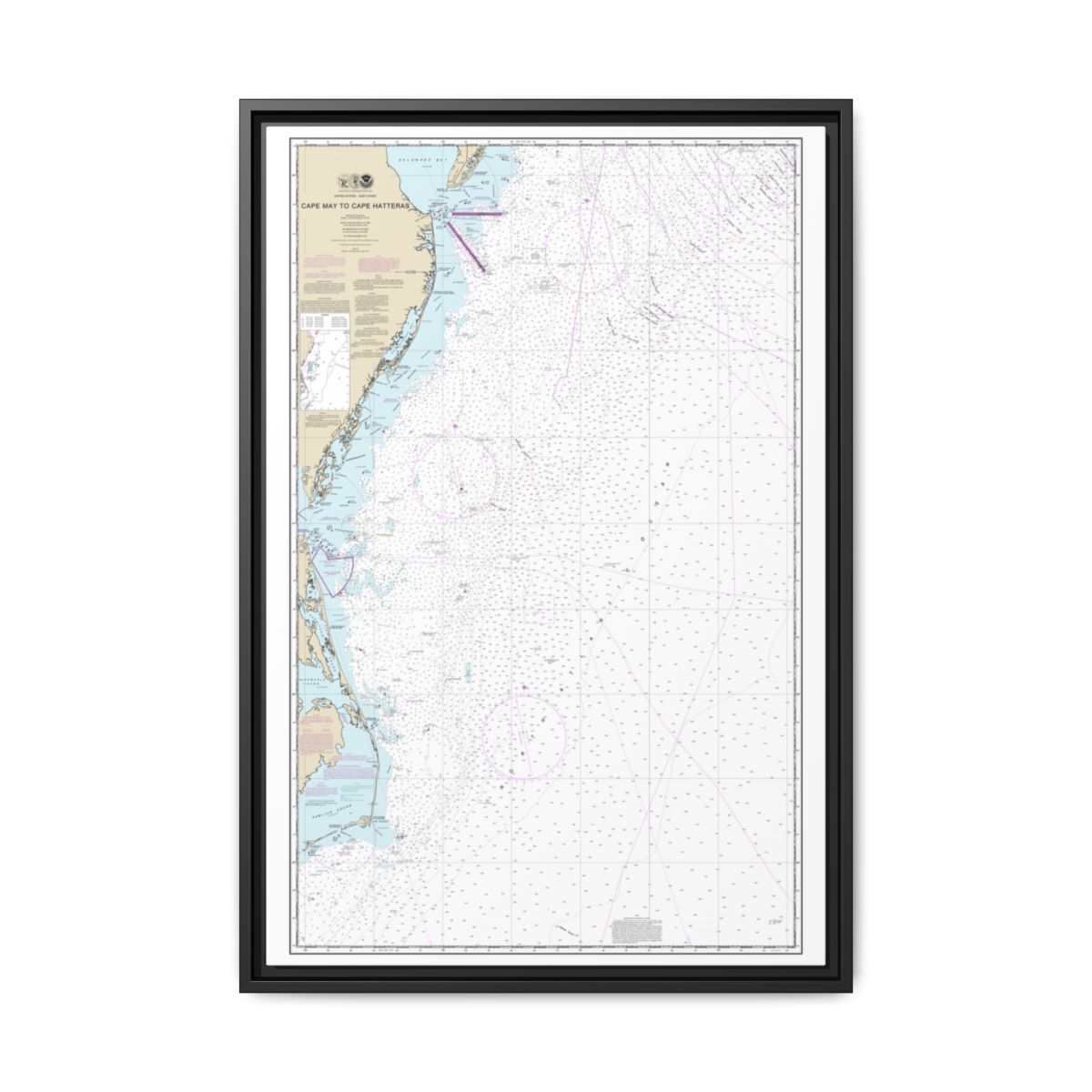 Chart 12200 Cape May to Cape Hatteras - NOAA Nautical Chart Floating Frame Canvas | 20" x 30" | 24" x 36" | 32" x 48" - Black front