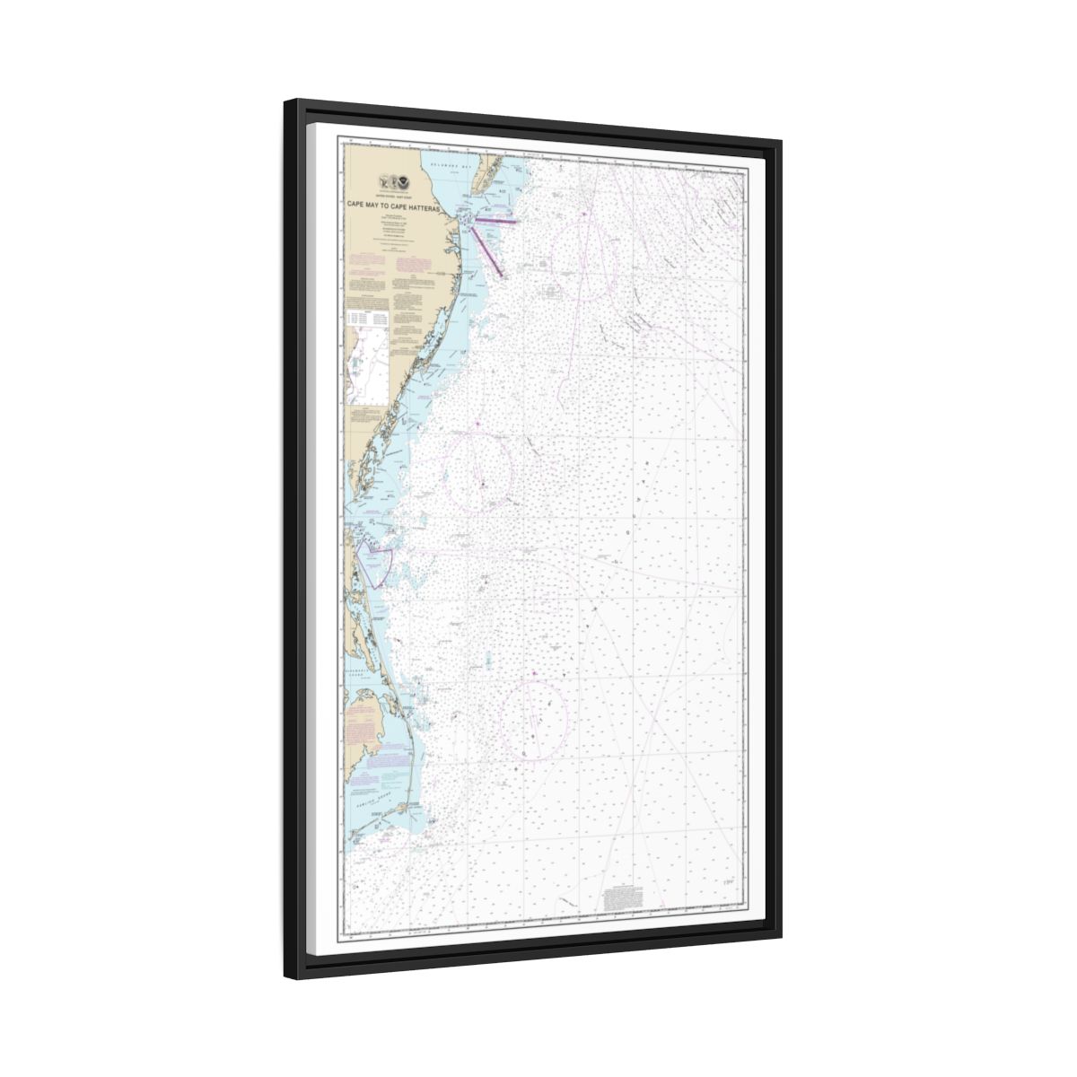 Chart 12200 Cape May to Cape Hatteras - NOAA Nautical Chart Floating Frame Canvas | 20" x 30" | 24" x 36" | 32" x 48" - Black side