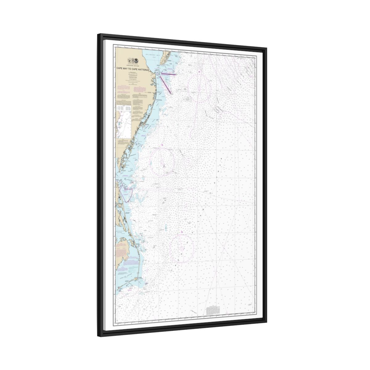 Chart 12200 Cape May to Cape Hatteras - NOAA Nautical Chart Floating Frame Canvas | 20" x 30" | 24" x 36" | 32" x 48" - Black side