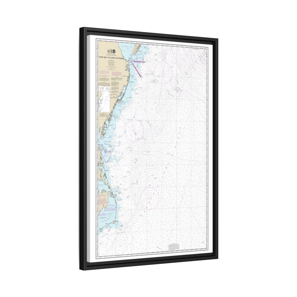 Chart 12200 Cape May to Cape Hatteras - NOAA Nautical Chart Floating Frame Canvas | 20" x 30" | 24" x 36" | 32" x 48" - Black side