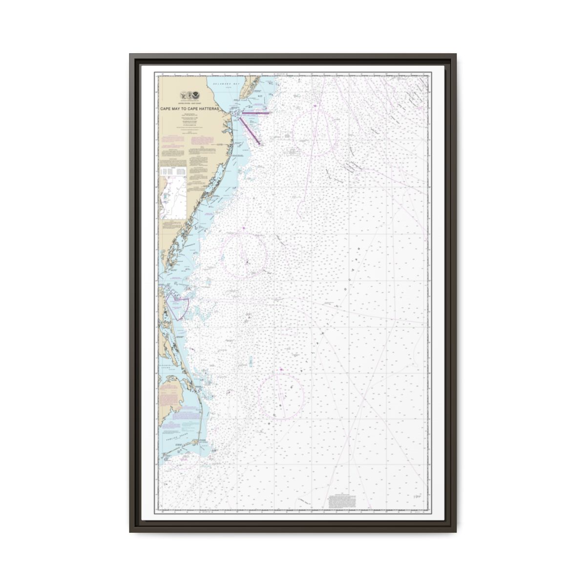 Chart 12200 Cape May to Cape Hatteras - NOAA Nautical Chart Floating Frame Canvas | 20" x 30" | 24" x 36" | 32" x 48" - Espresso front