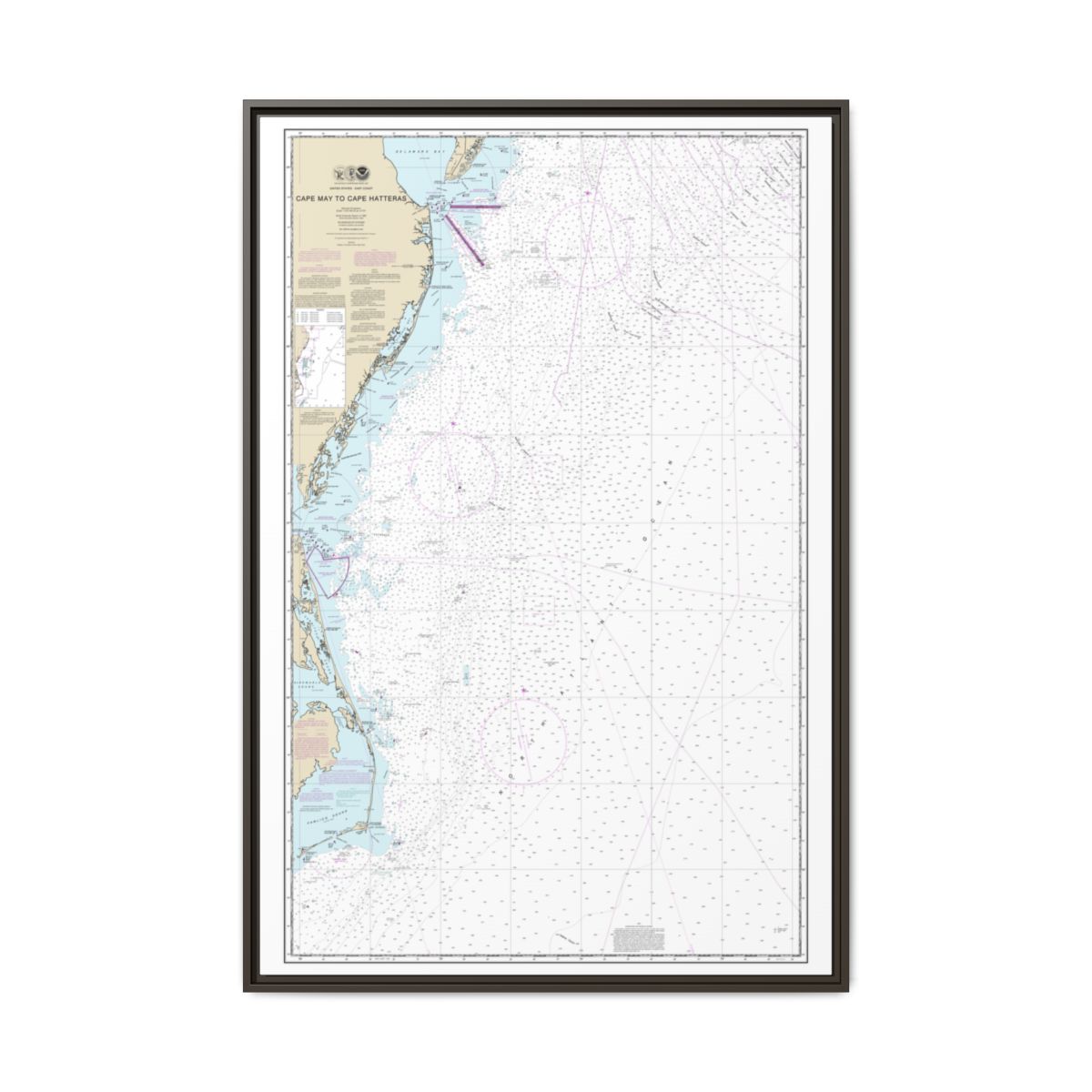 Chart 12200 Cape May to Cape Hatteras - NOAA Nautical Chart Floating Frame Canvas | 20" x 30" | 24" x 36" | 32" x 48" - Espresso front