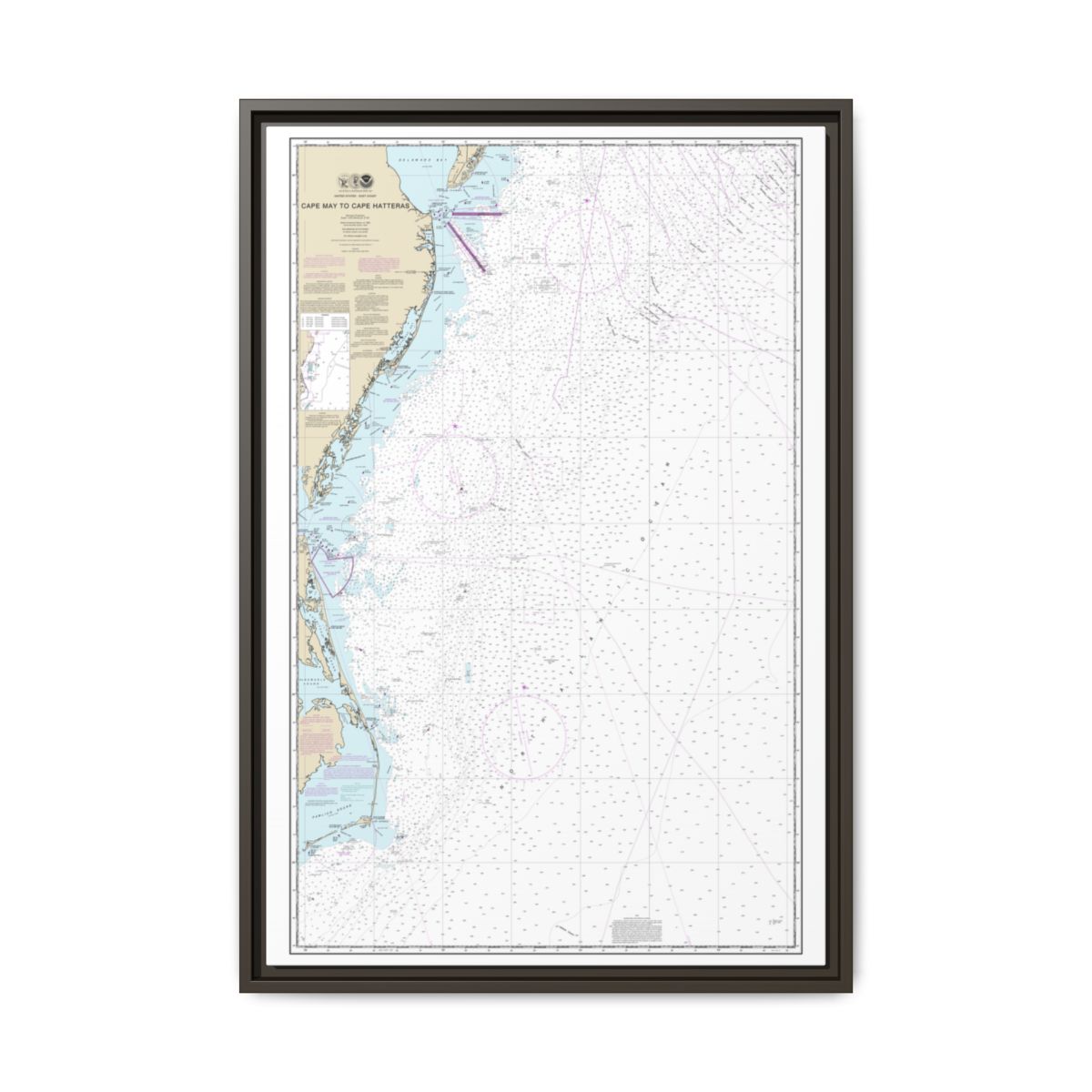 Chart 12200 Cape May to Cape Hatteras - NOAA Nautical Chart Floating Frame Canvas | 20" x 30" | 24" x 36" | 32" x 48" - Espresso front