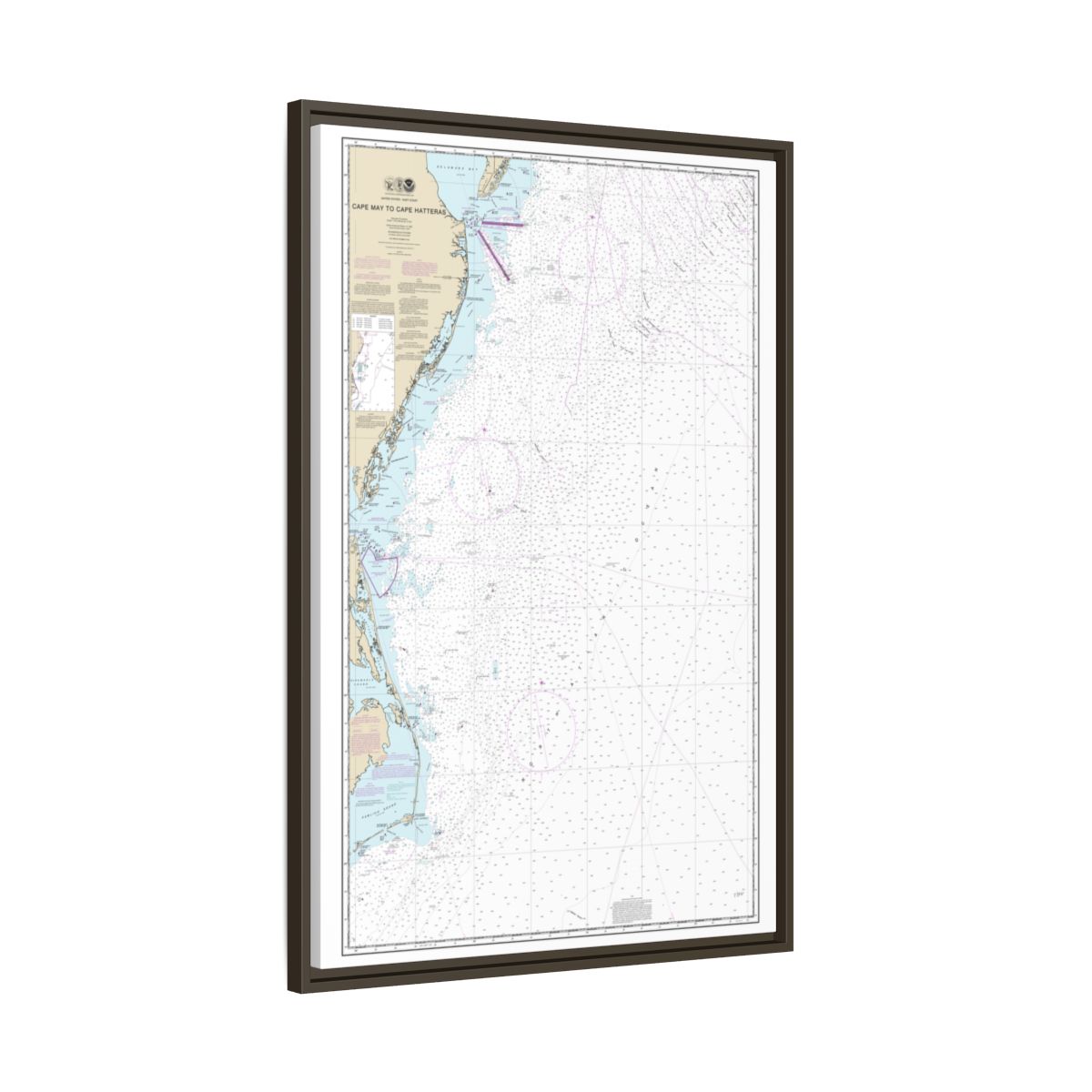 Chart 12200 Cape May to Cape Hatteras - NOAA Nautical Chart Floating Frame Canvas | 20" x 30" | 24" x 36" | 32" x 48" - Espresso side