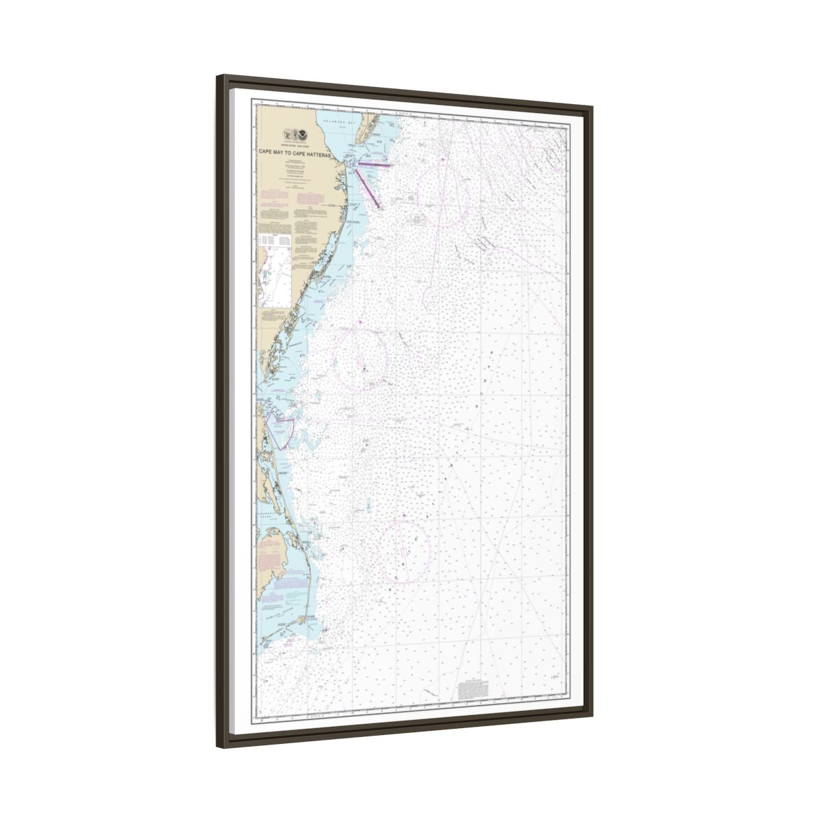 Chart 12200 Cape May to Cape Hatteras - NOAA Nautical Chart Floating Frame Canvas | 20" x 30" | 24" x 36" | 32" x 48" - Espresso side