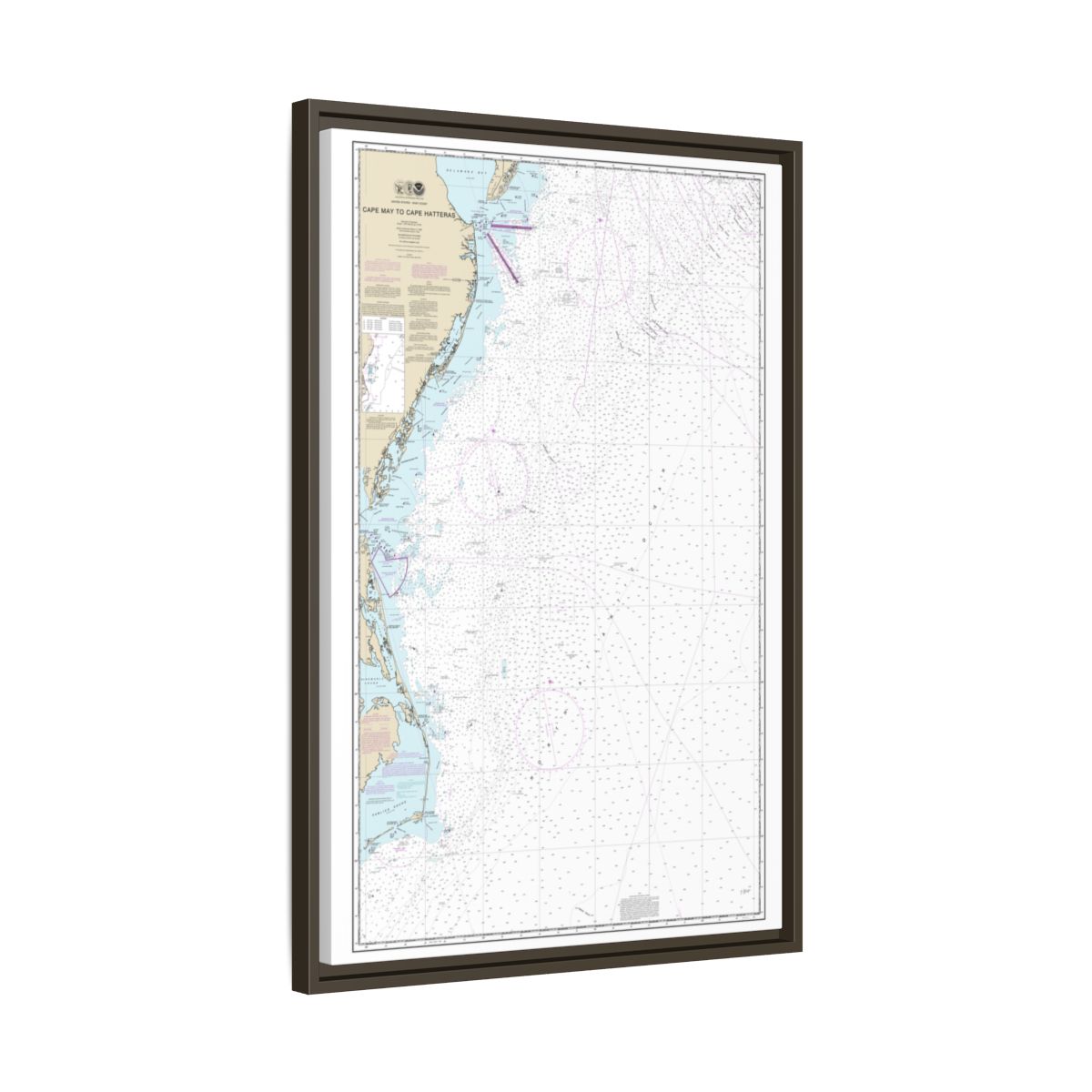 Chart 12200 Cape May to Cape Hatteras - NOAA Nautical Chart Floating Frame Canvas | 20" x 30" | 24" x 36" | 32" x 48" - Espresso side