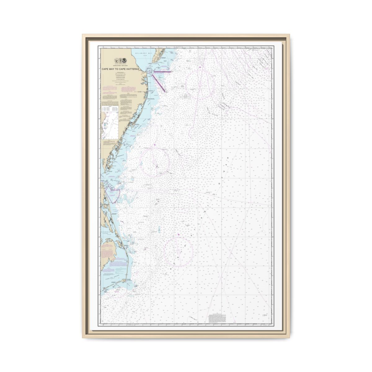 Chart 12200 Cape May to Cape Hatteras - NOAA Nautical Chart Floating Frame Canvas | 20" x 30" | 24" x 36" | 32" x 48" - Natural front