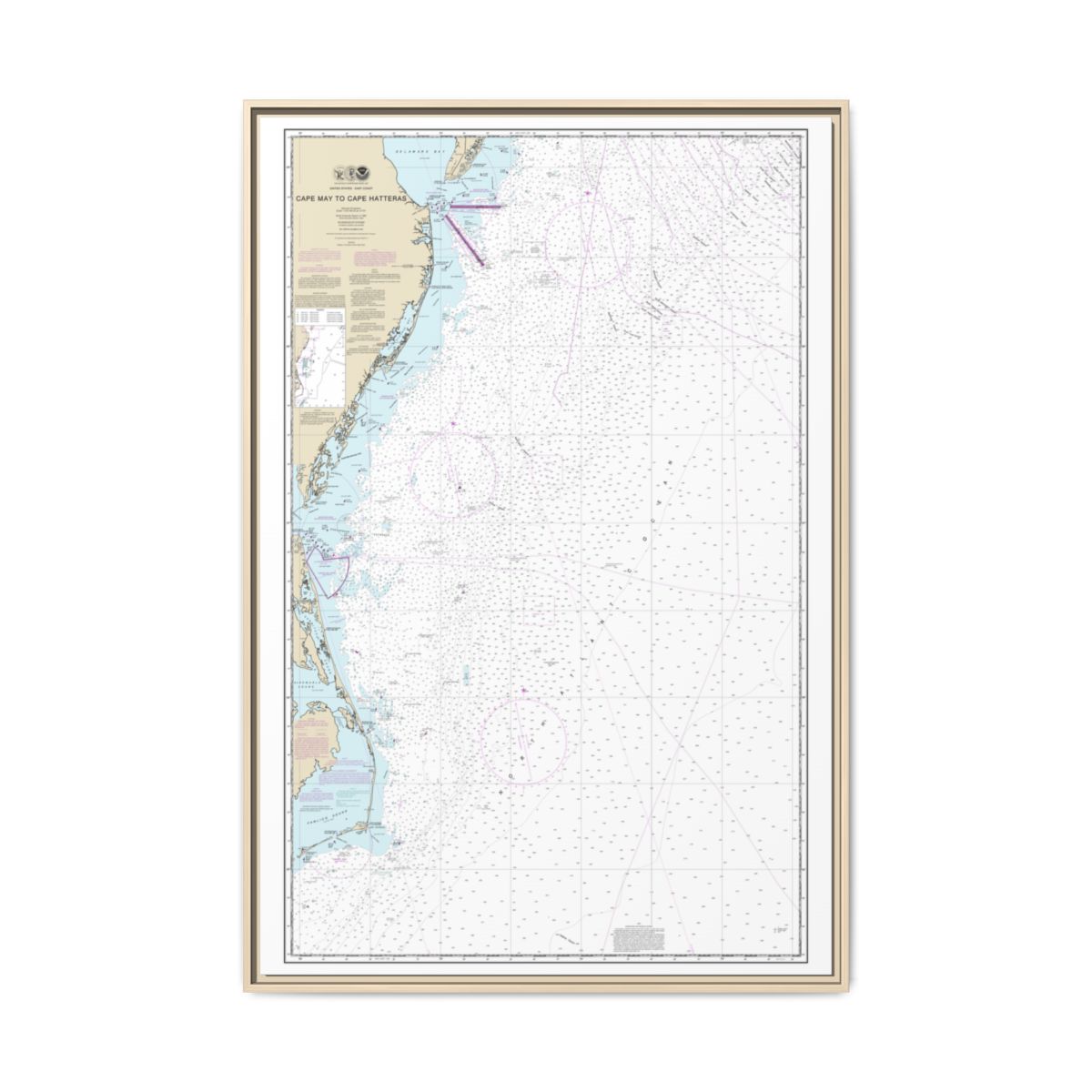 Chart 12200 Cape May to Cape Hatteras - NOAA Nautical Chart Floating Frame Canvas | 20" x 30" | 24" x 36" | 32" x 48" - Natural front