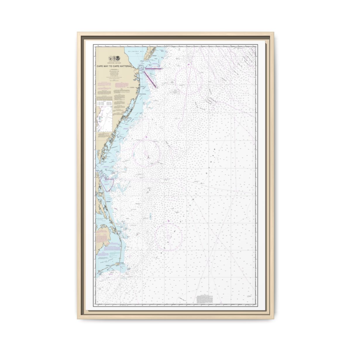 Chart 12200 Cape May to Cape Hatteras - NOAA Nautical Chart Floating Frame Canvas | 20" x 30" | 24" x 36" | 32" x 48" - Natural front