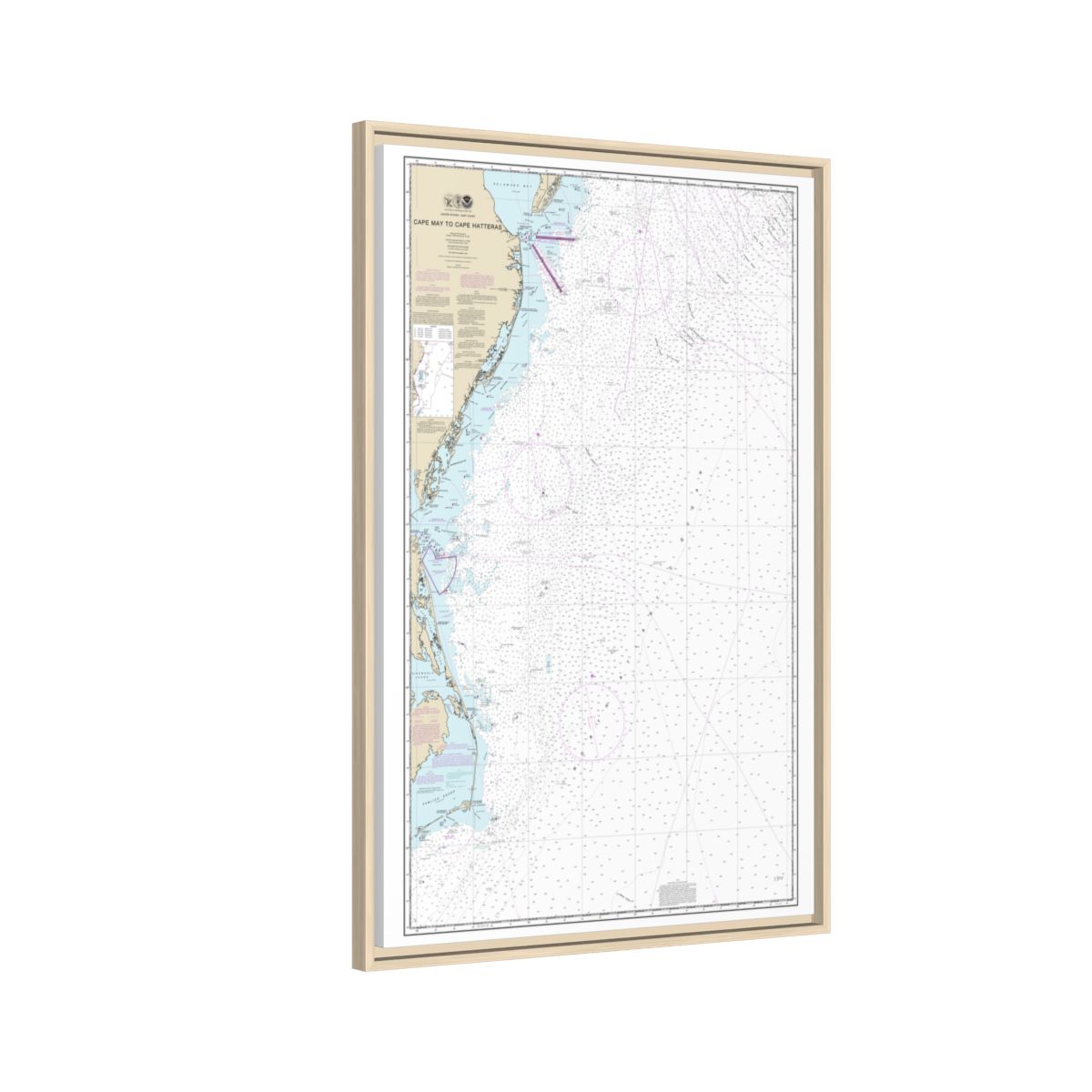 Chart 12200 Cape May to Cape Hatteras - NOAA Nautical Chart Floating Frame Canvas | 20" x 30" | 24" x 36" | 32" x 48" - Natural side
