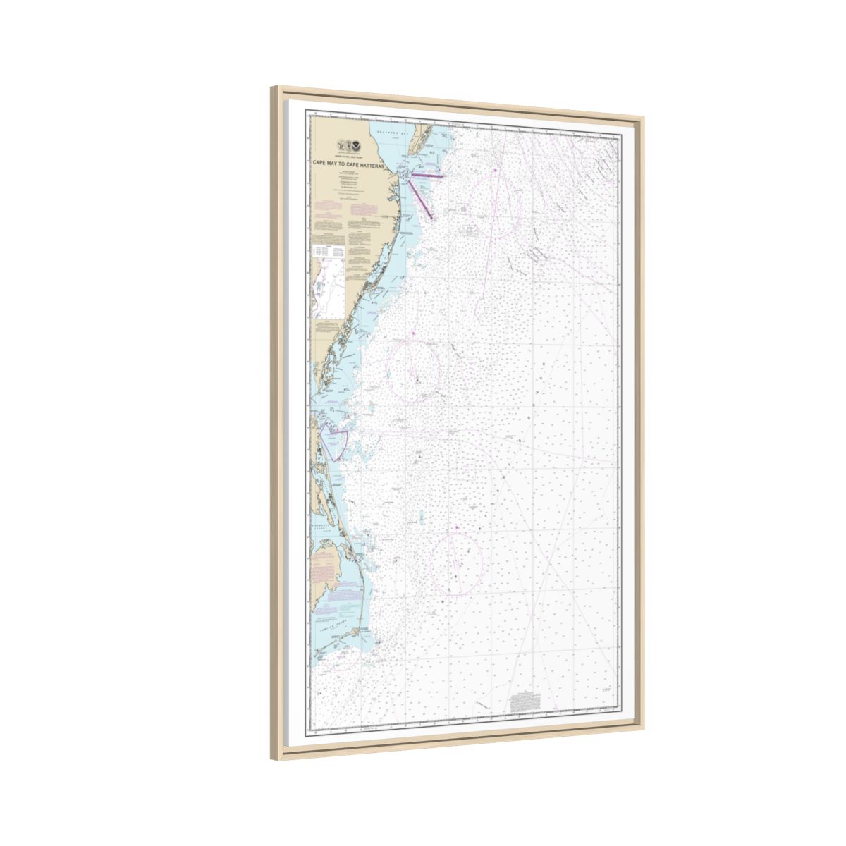 Chart 12200 Cape May to Cape Hatteras - NOAA Nautical Chart Floating Frame Canvas | 20" x 30" | 24" x 36" | 32" x 48" - Natural side