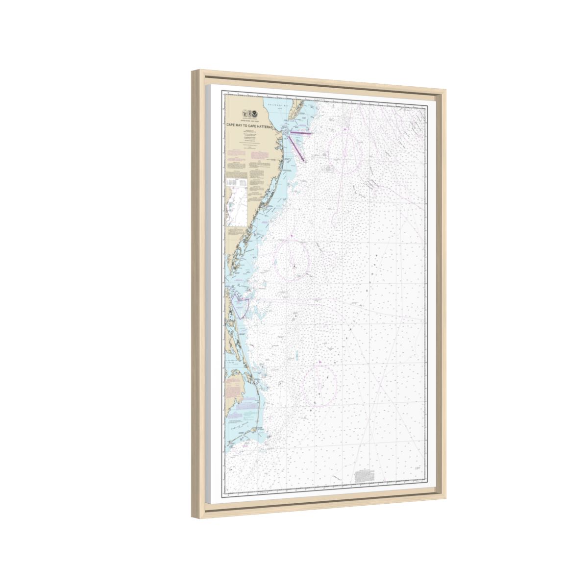 Chart 12200 Cape May to Cape Hatteras - NOAA Nautical Chart Floating Frame Canvas | 20" x 30" | 24" x 36" | 32" x 48" - Natural side