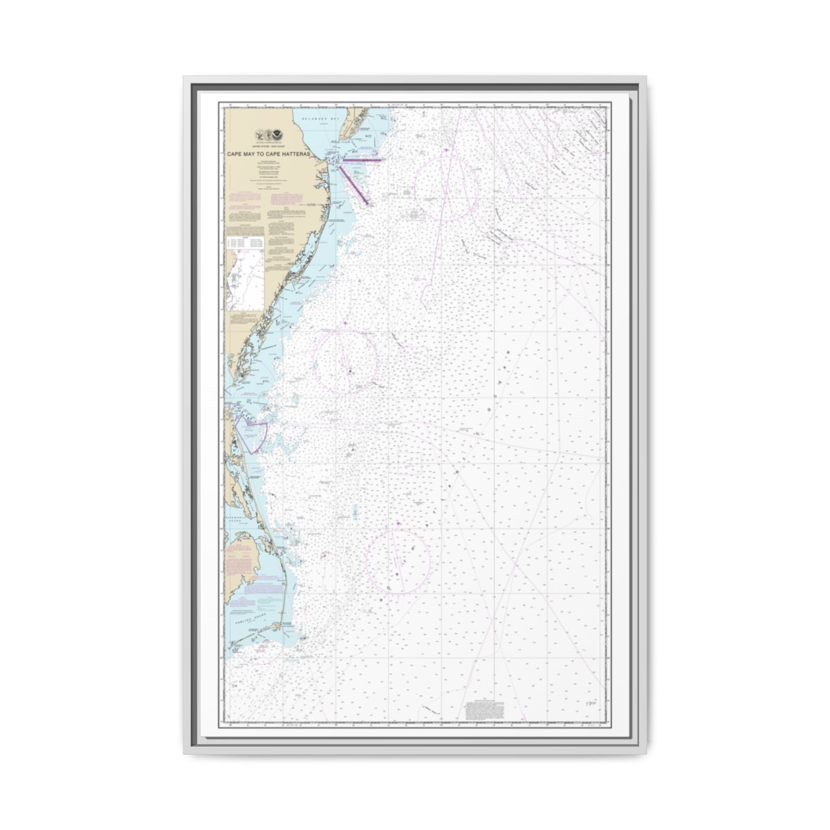 Chart 12200 Cape May to Cape Hatteras - NOAA Nautical Chart Floating Frame Canvas | 20" x 30" | 24" x 36" | 32" x 48" - White front