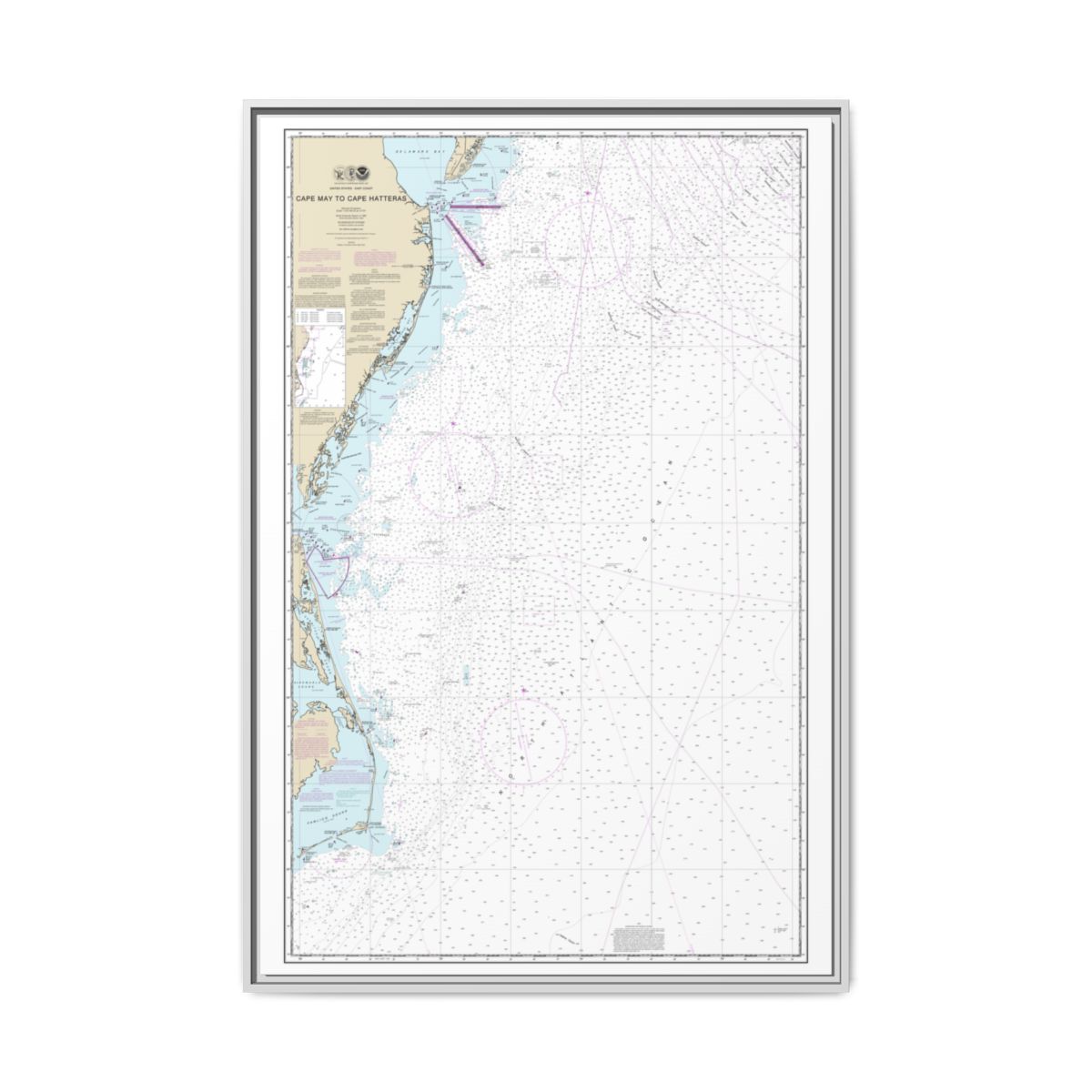 Chart 12200 Cape May to Cape Hatteras - NOAA Nautical Chart Floating Frame Canvas | 20" x 30" | 24" x 36" | 32" x 48" - White front